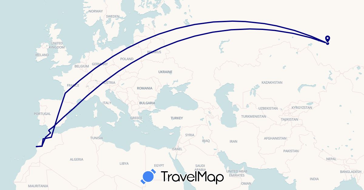 TravelMap itinerary: driving in Spain, France, Morocco, Russia (Africa, Europe)